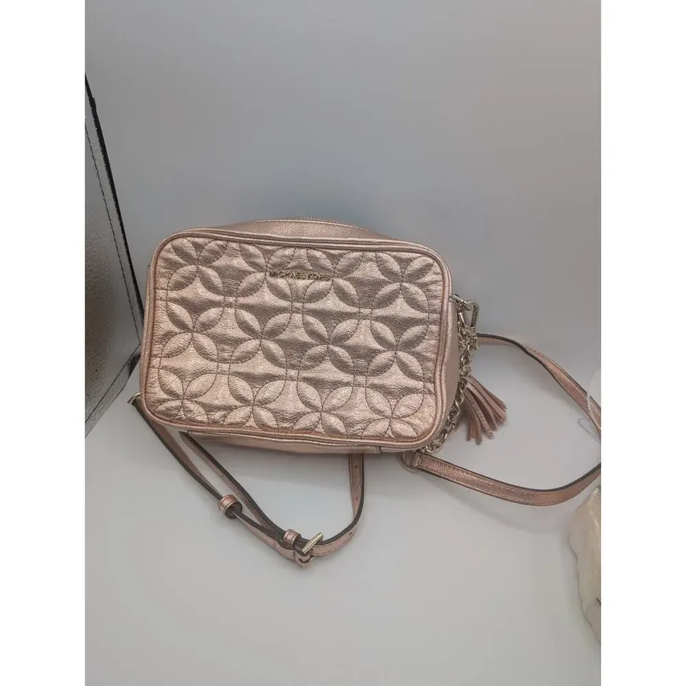 Michael Kors Rose Gold Quilted Metallic Leather Crossbody Bag Purse Small